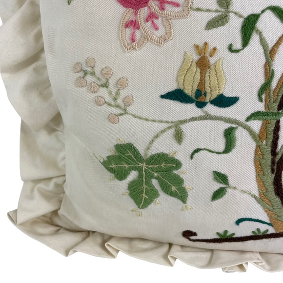 Vintage Boho Handmade Floral Embroidered Cream Accent Pillow 12” Cottage-core - Picture 6 of 16